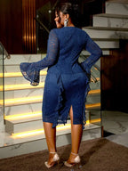Navy Lace Dress for O Neck See Thorugh Long Flare Sleeve