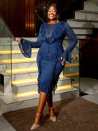 Navy Lace Dress for O Neck See Thorugh Long Flare Sleeve