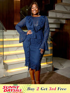 Navy Lace Dress for O Neck See Thorugh Long Flare Sleeve