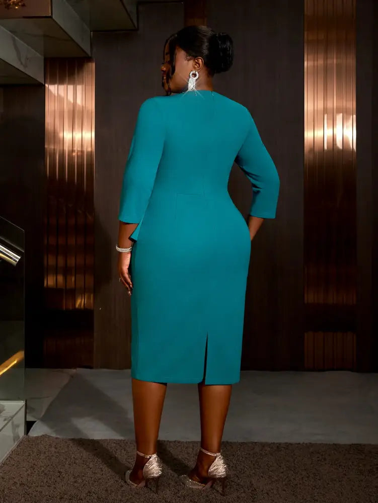 O Neck 3/4 Sleeve Dress High Waist Peplum Bodycon Midi