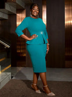 O Neck 3/4 Sleeve Dress High Waist Peplum Bodycon Midi
