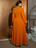 O Neck Cut Out Chest Elegant Lantern Sleeve Pleated Dress