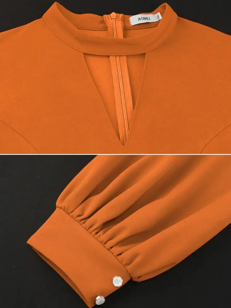 O Neck Cut Out Chest Elegant Lantern Sleeve Pleated Dress
