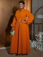 O Neck Cut Out Chest Elegant Lantern Sleeve Pleated Dress