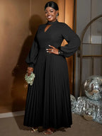 O Neck Cut Out Chest Elegant Lantern Sleeve Pleated Dress