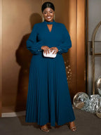 O Neck Cut Out Chest Elegant Lantern Sleeve Pleated Dress