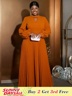 O Neck Cut Out Chest Elegant Lantern Sleeve Pleated Dress