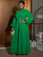 O Neck Cut Out Chest Elegant Lantern Sleeve Pleated Dress