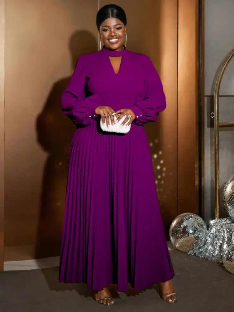 O Neck Cut Out Chest Elegant Lantern Sleeve Pleated Dress