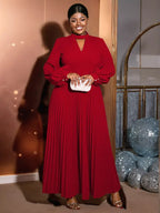 O Neck Cut Out Chest Elegant Lantern Sleeve Pleated Dress