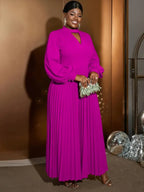 O Neck Cut Out Chest Elegant Lantern Sleeve Pleated Dress