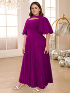 O Neck Cut Out Lantern Sleeves A Line Pleated Long Dress