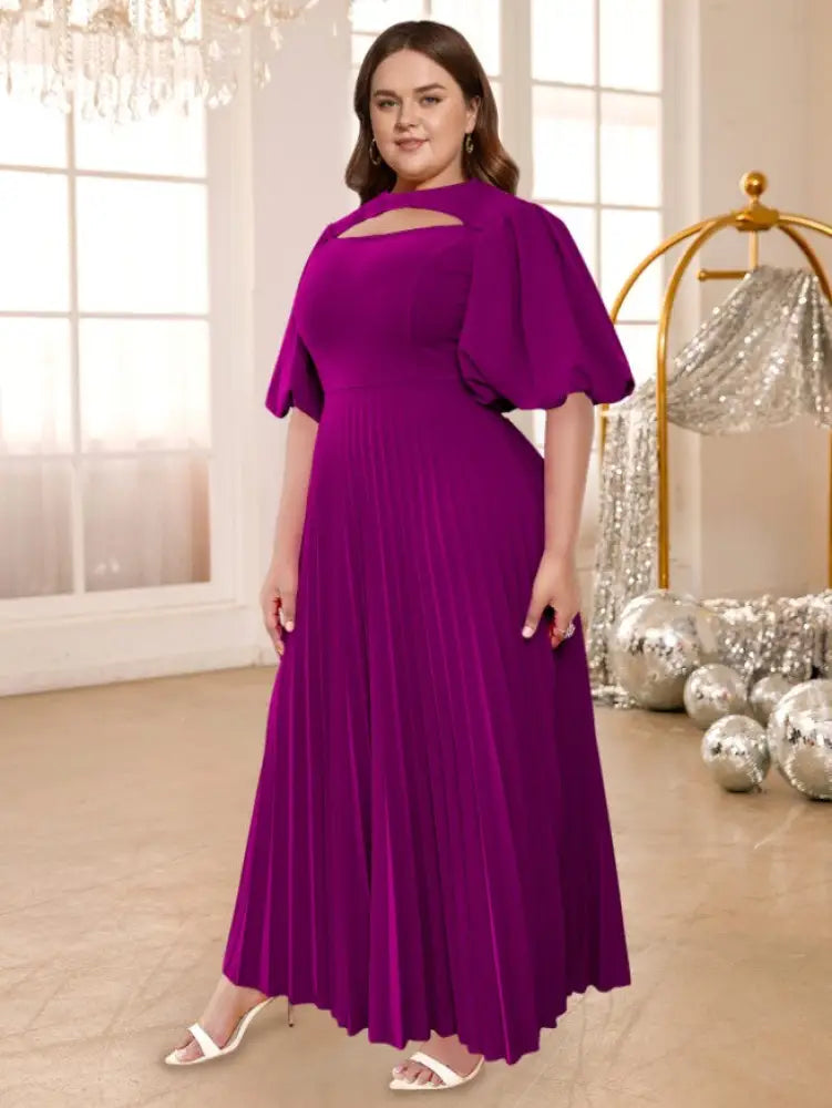 O Neck Cut Out Lantern Sleeves A Line Pleated Long Dress