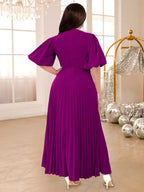 O Neck Cut Out Lantern Sleeves A Line Pleated Long Dress