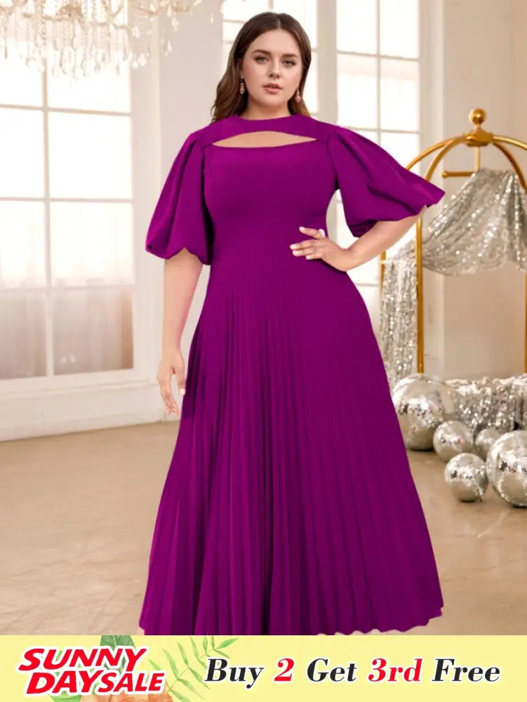 O Neck Cut Out Lantern Sleeves A Line Pleated Long Dress