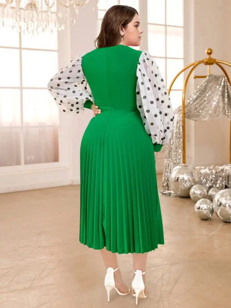 O Neck Cut Out Mesh Patchwork Lantern Sleeve Pleated Dress