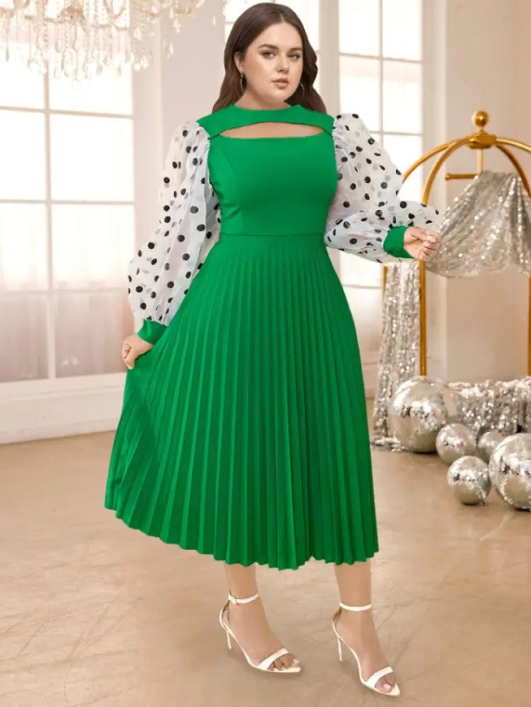 O Neck Cut Out Mesh Patchwork Lantern Sleeve Pleated Dress