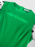 O Neck Cut Out Mesh Patchwork Lantern Sleeve Pleated Dress