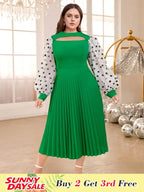 O Neck Cut Out Mesh Patchwork Lantern Sleeve Pleated Dress