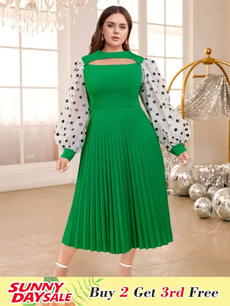 O Neck Cut Out Mesh Patchwork Lantern Sleeve Pleated Dress