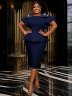 O Neck Dress Bowtie Beading Short Sleeves Peplum Bodycon