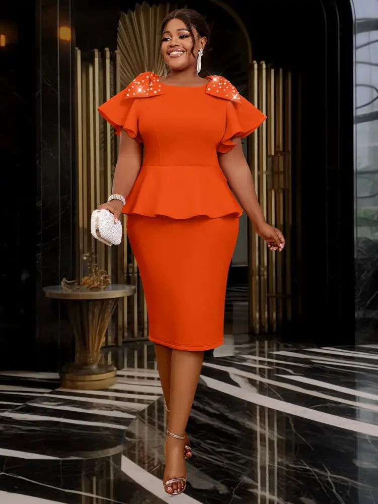 O Neck Dress Bowtie Beading Short Sleeves Peplum Bodycon