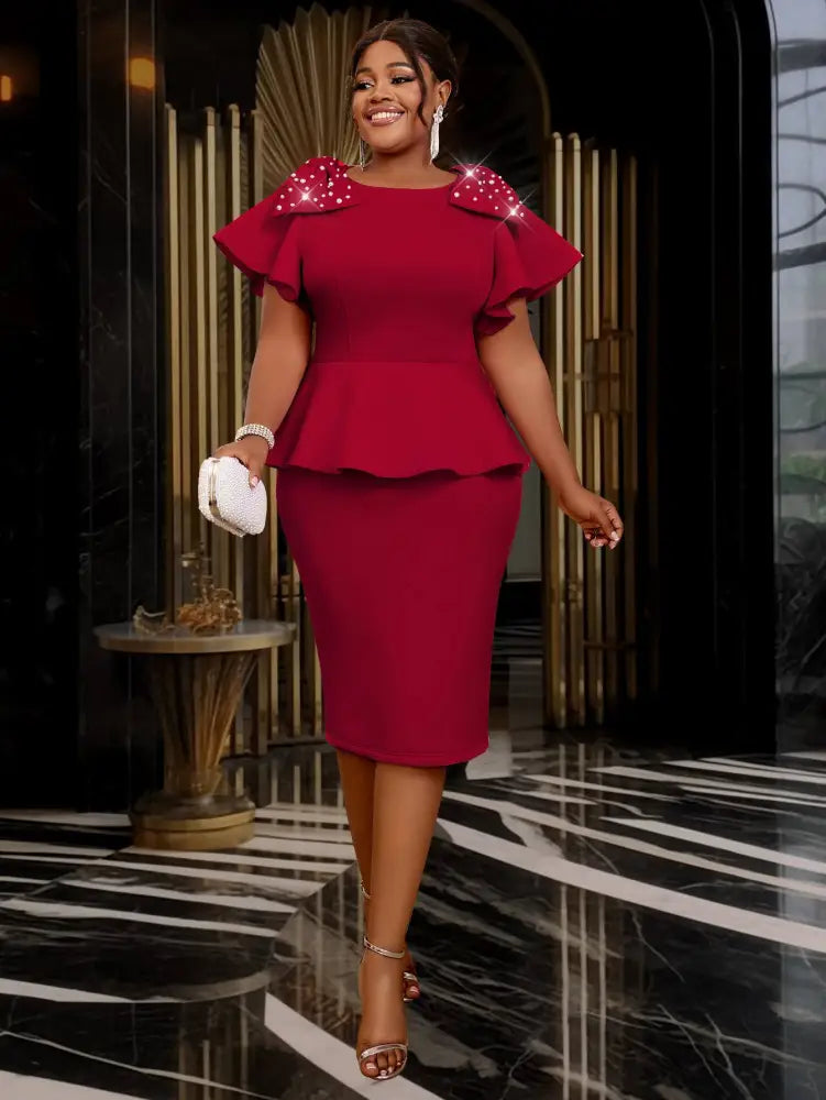 O Neck Dress Bowtie Beading Short Sleeves Peplum Bodycon