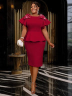O Neck Dress Bowtie Beading Short Sleeves Peplum Bodycon