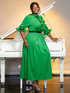 O Neck Ruffle Half Sleeve Button Up A Line Dress with Belt