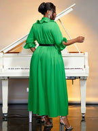 O Neck Ruffle Half Sleeve Button Up A Line Dress with Belt