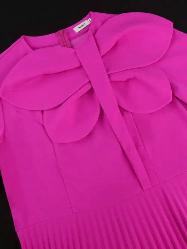 O Neck Short Sleeve Appliques High Waist Pleated Dress