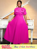 O Neck Short Sleeve Appliques High Waist Pleated Dress