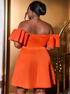 Off Shoulder Orange Dress Backless Short Sleeves A Line