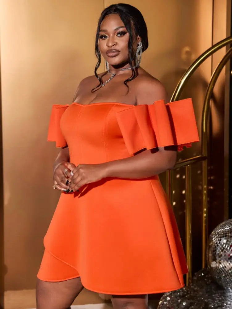 Off Shoulder Orange Dress Backless Short Sleeves A Line