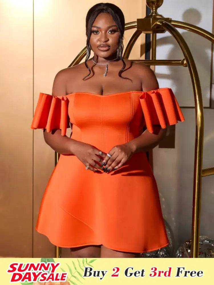Off Shoulder Orange Dress Backless Short Sleeves A Line