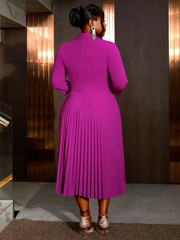 Office Work Pleated Dress Lapel 3/4 Sleeve Button Up