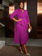 Office Work Pleated Dress Lapel 3/4 Sleeve Button Up