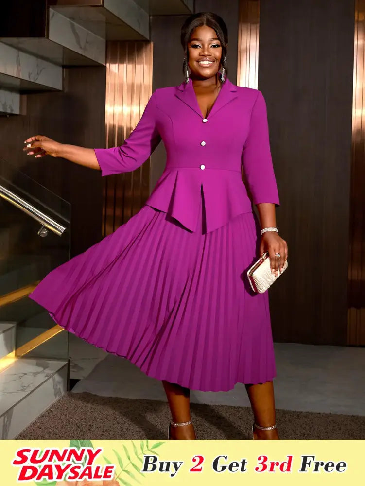 Office Work Pleated Dress Lapel 3/4 Sleeve Button Up