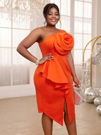 One Shoulder Big Flower Rose Ruffles Sheath Slit Dress