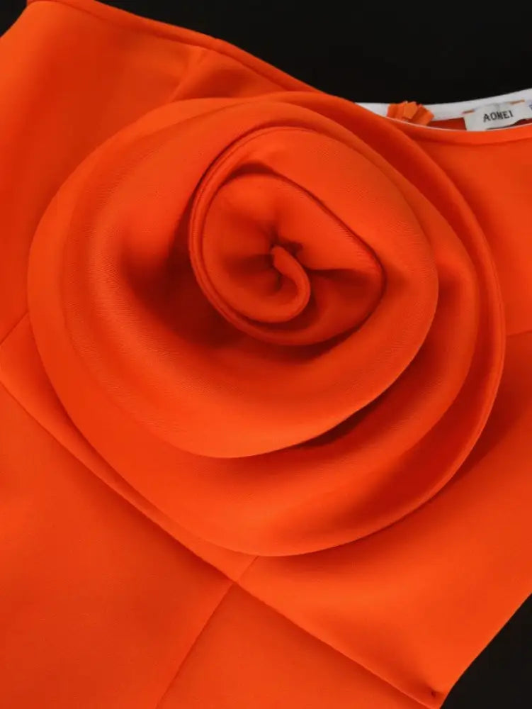 One Shoulder Big Flower Rose Ruffles Sheath Slit Dress