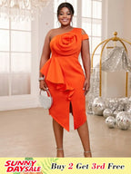 One Shoulder Big Flower Rose Ruffles Sheath Slit Dress
