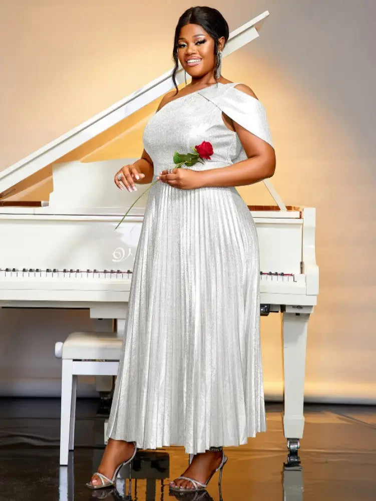 One Shoulder Dress Diagonal Collar Sleevesless Pleated