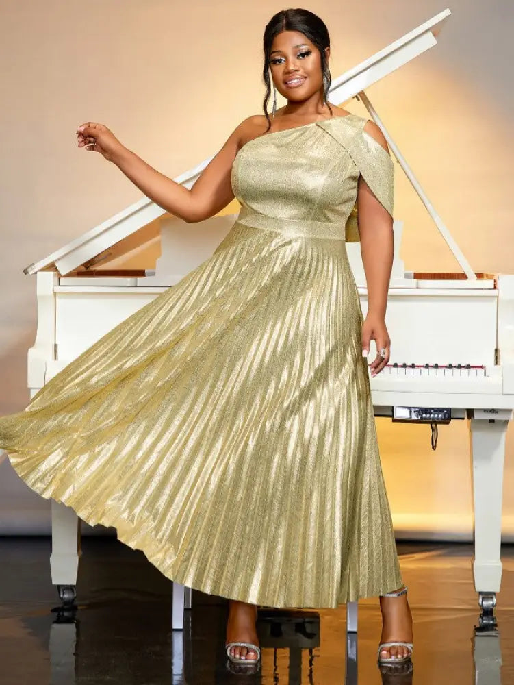 One Shoulder Dress Diagonal Collar Sleevesless Pleated