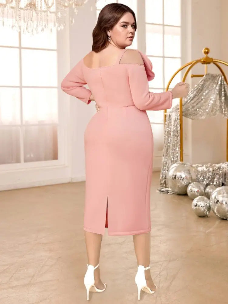 One Shoulder Dress Pink Flower Long Sleeves Package Hip