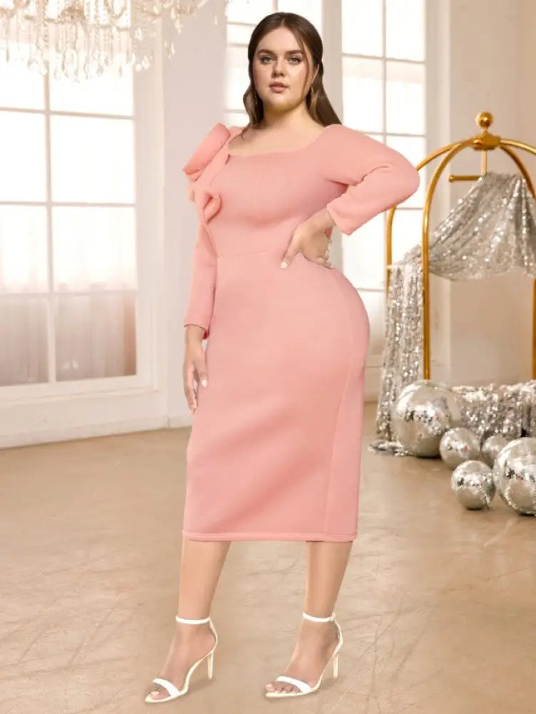 One Shoulder Dress Pink Flower Long Sleeves Package Hip