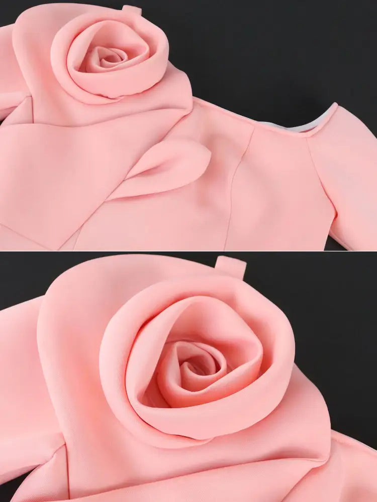One Shoulder Dress Pink Flower Long Sleeves Package Hip