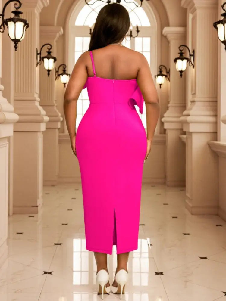 One Shoulder Dress Suspender Ruffles Sleeveless High Waist