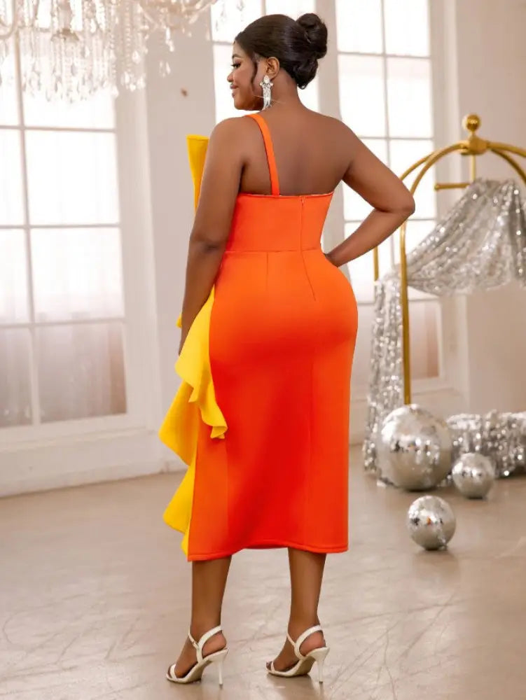 One Shoulder Dress Yellow Block Color Bow Ruffles Empire