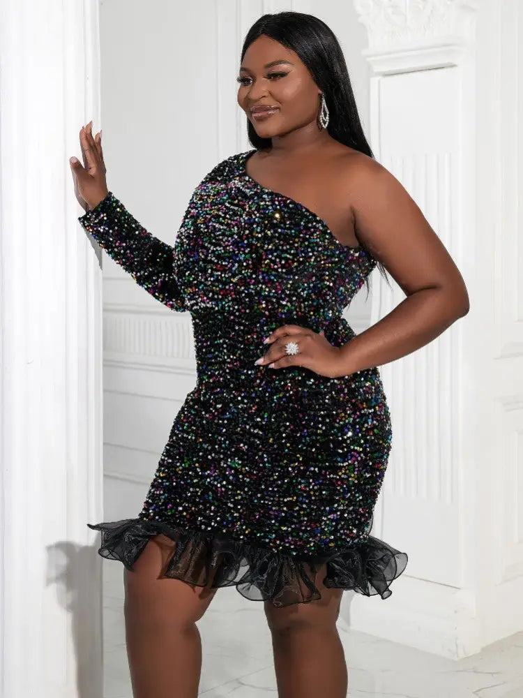 One Shoulder Glitter Sequins Party Dress Bodycon Club Wear