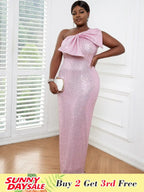 One Shoulder Long Cocktail Dress Bow Wedding Guest Gowns